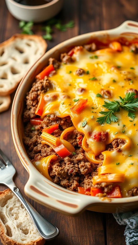 A baked ground beef casserole with cheese and vegetables, served in a rustic dish on a wooden table.
